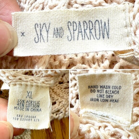 Boho Cream Crochet Knit Crop Sweater Top Size XL Sky and Sparrow Long Sleeve - Picture 7 of 10